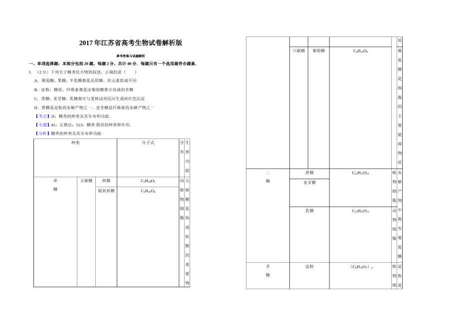 2017年江苏省高考生物试卷解析版   .doc_第1页