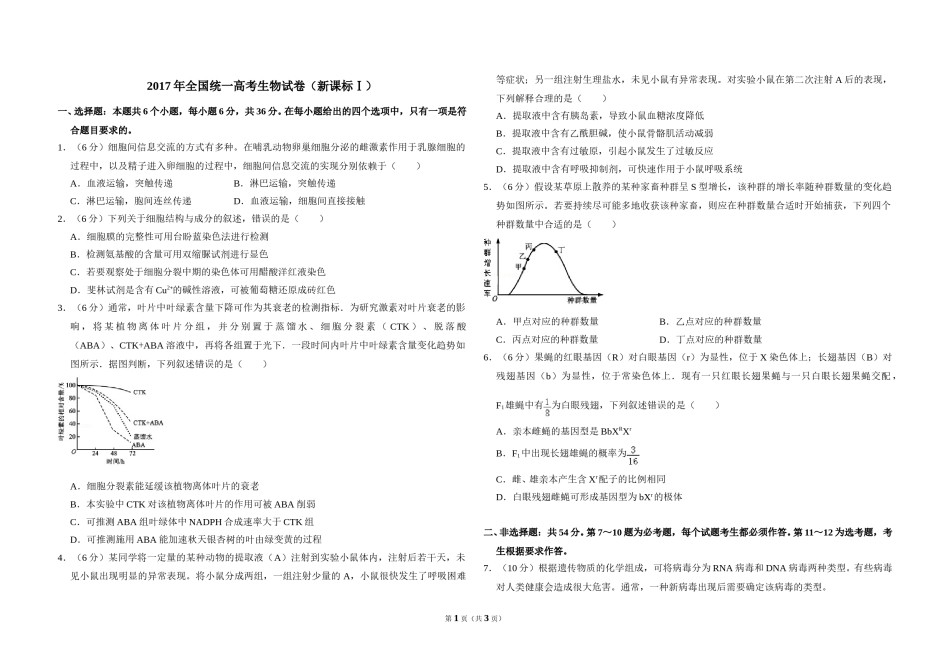 2017年全国统一高考生物试卷（新课标ⅰ）（原卷版）.doc_第1页