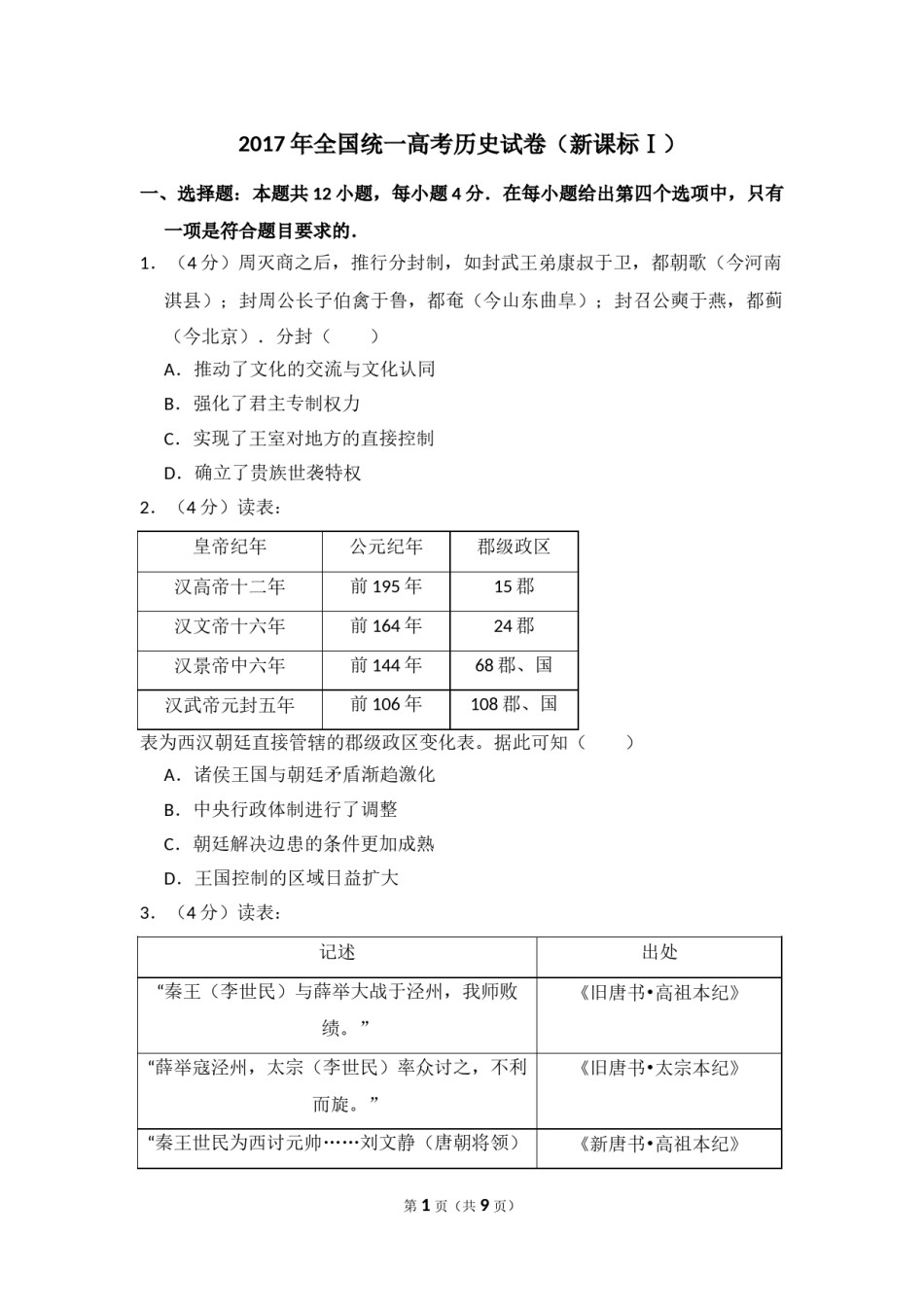 2017年全国统一高考历史试卷（新课标ⅰ）（原卷版）.doc_第1页