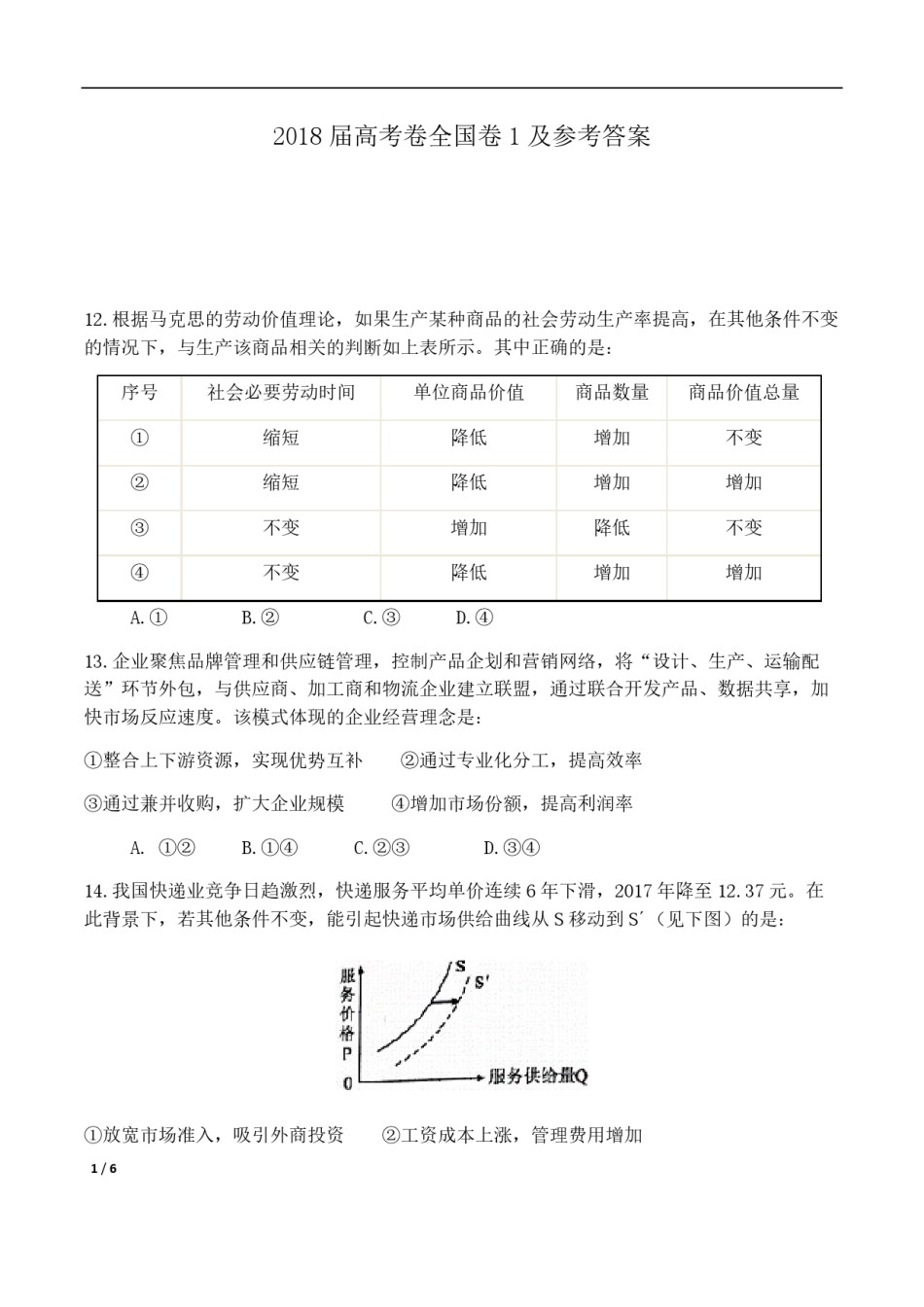 2018年高考真题 政治(山东卷)（原卷版）.pdf_第1页