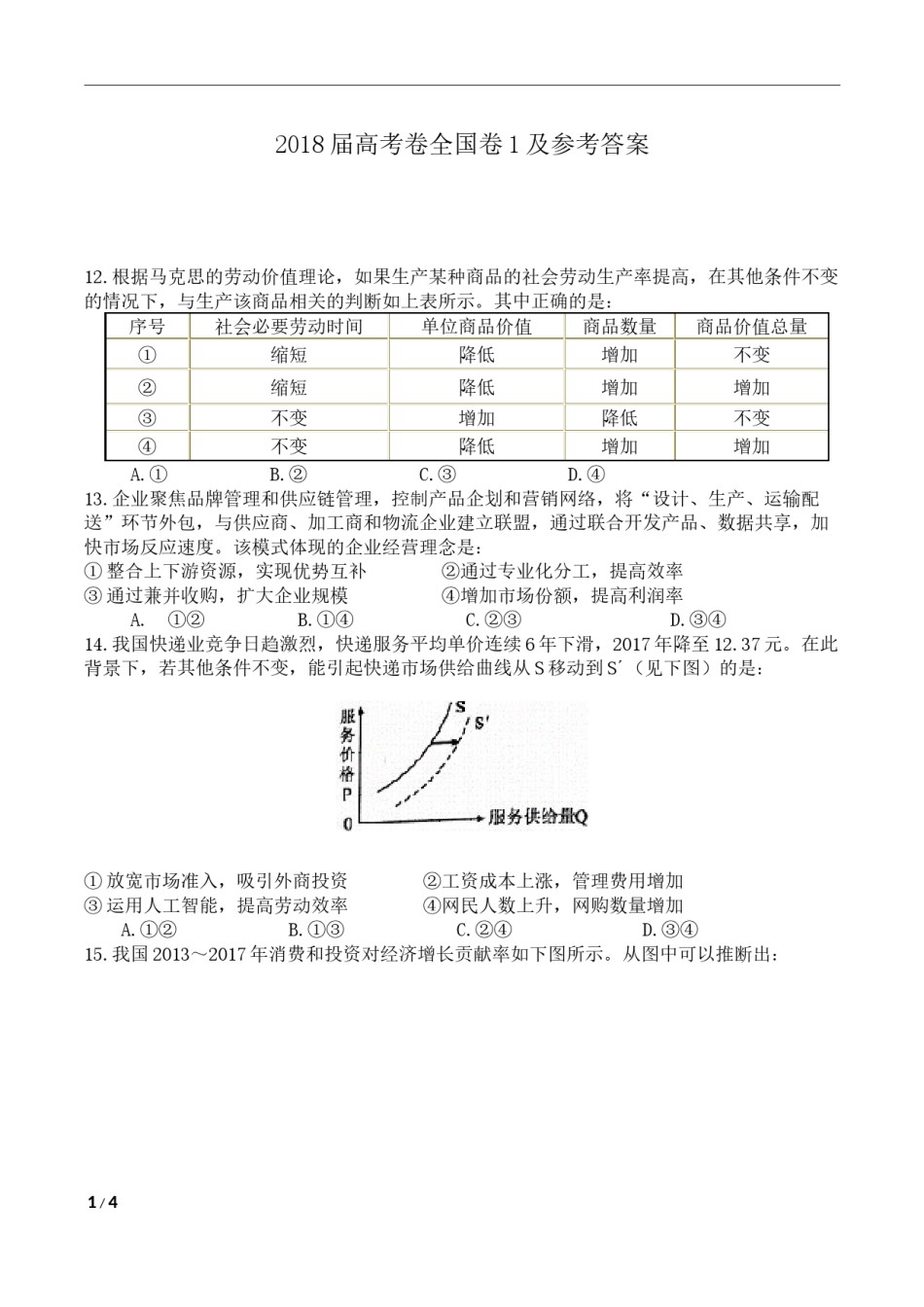 2018年高考真题 政治(山东卷)（原卷版）.docx_第1页