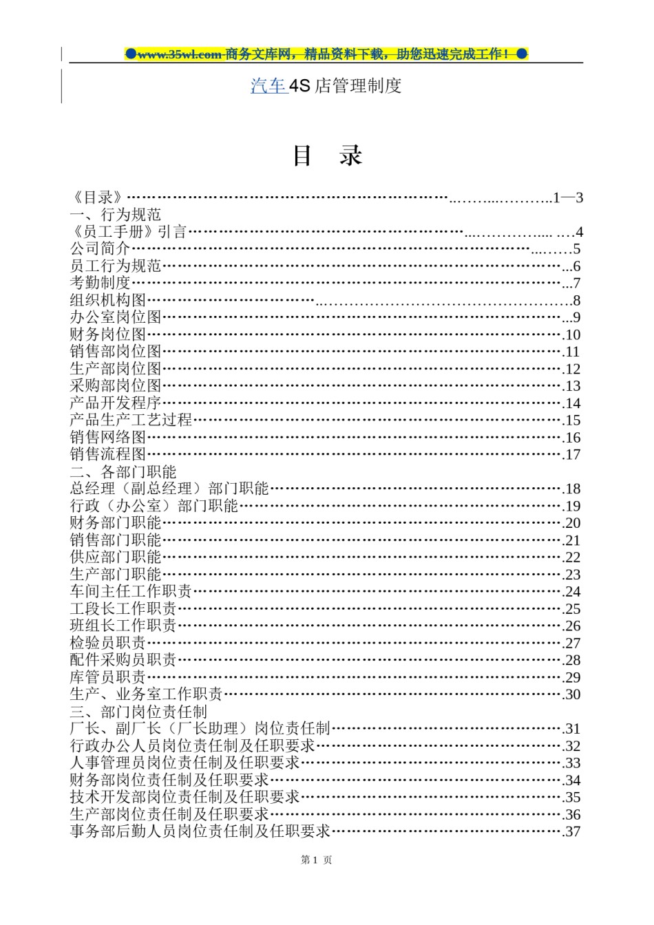 汽车销售4S店管理制度(无敌)(版)（DOC129页）.doc_第1页