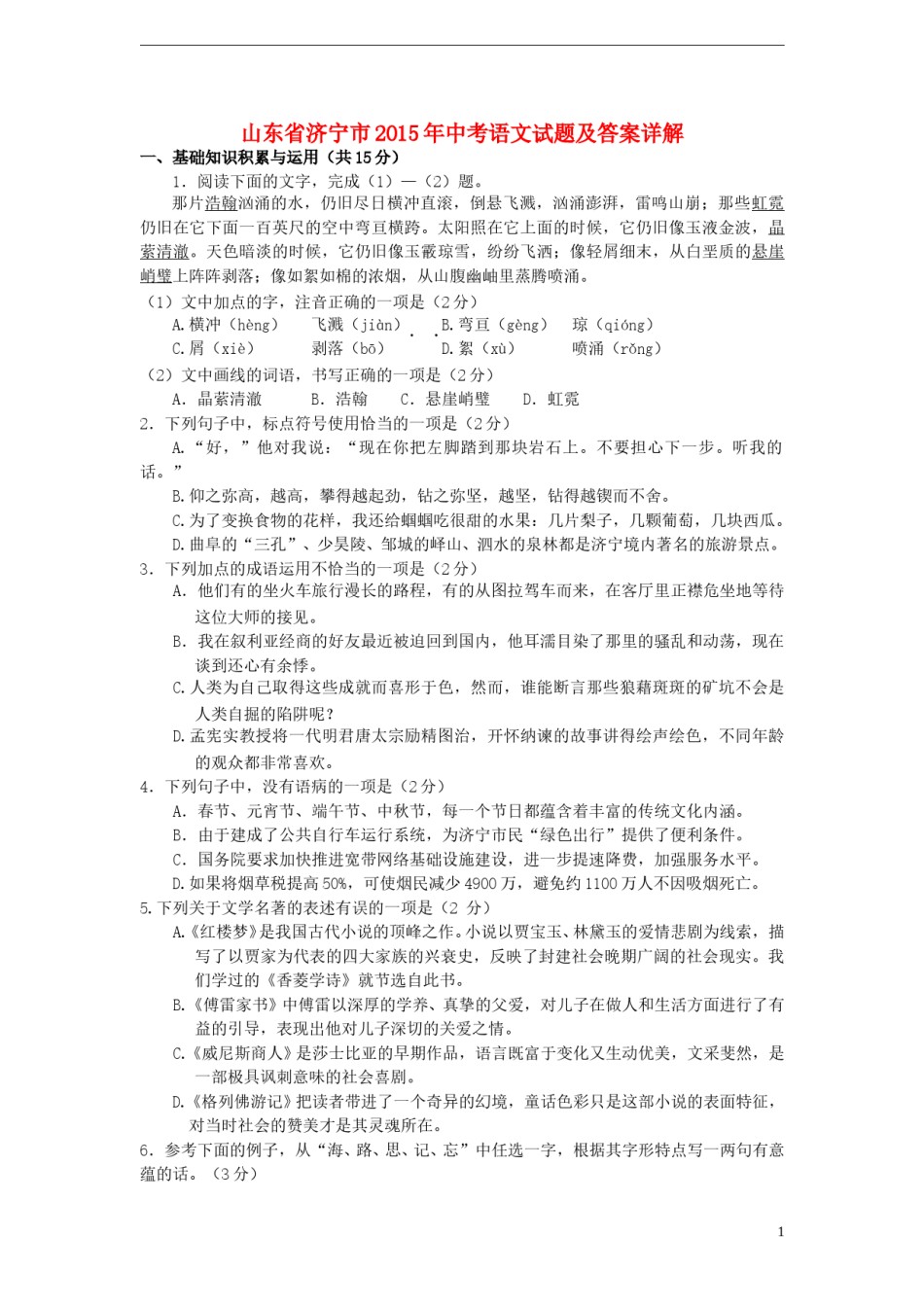 山东省济宁市2015年中考语文真题试题（含解析）.doc_第1页