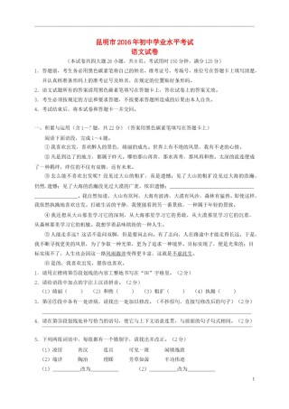 云南省昆明市2016年中考语文真题试题（含答案）.doc