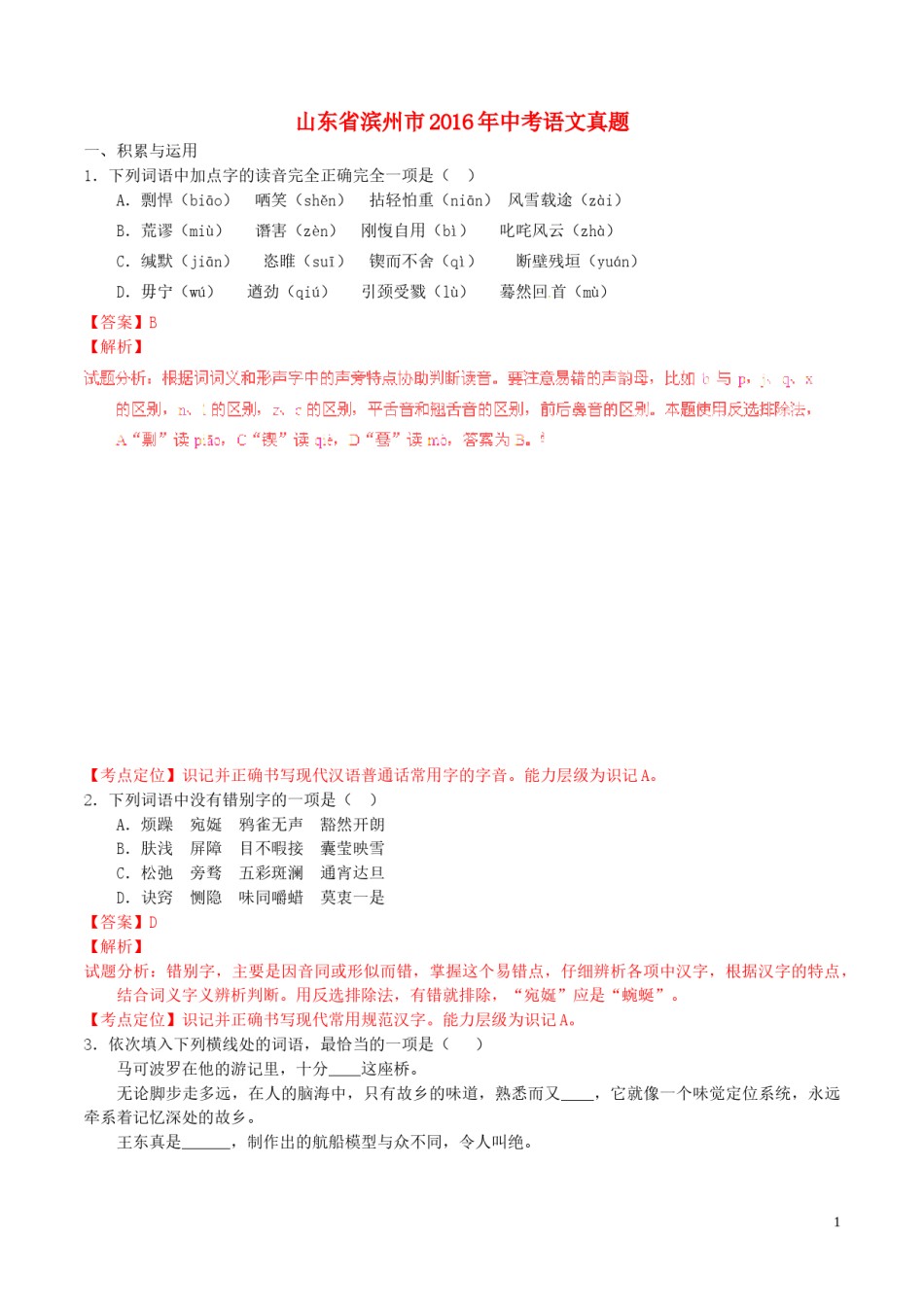 山东省滨州市2016年中考语文真题（含解析）.doc_第1页