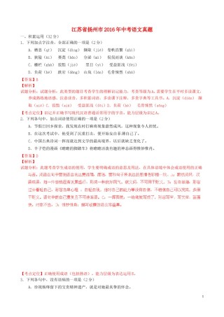 江苏省扬州市2016年中考语文真题（含解析）.doc