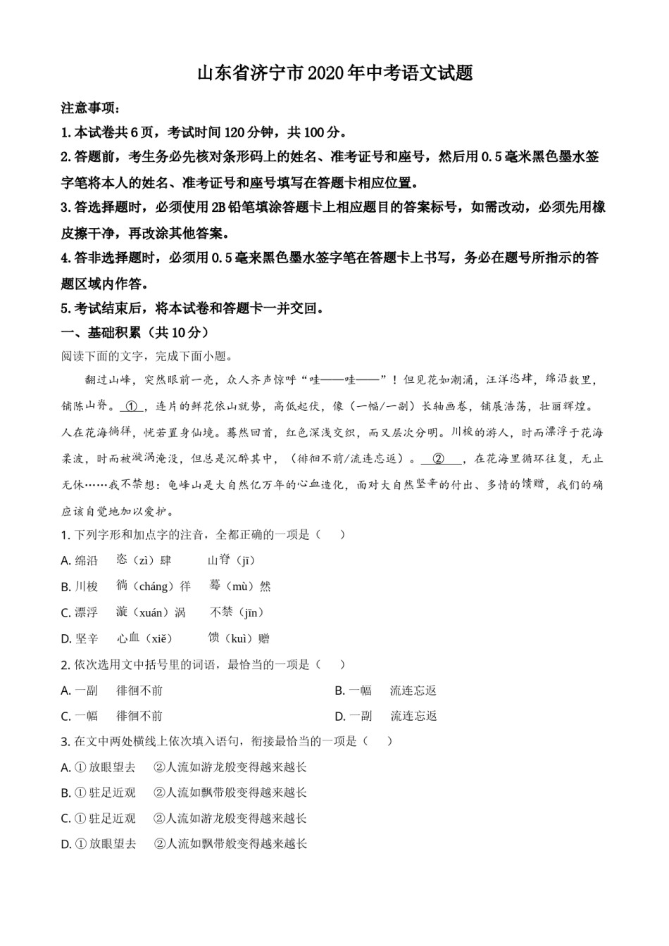 精品解析：山东省济宁市2020年中考语文试题（解析版）.doc_第1页