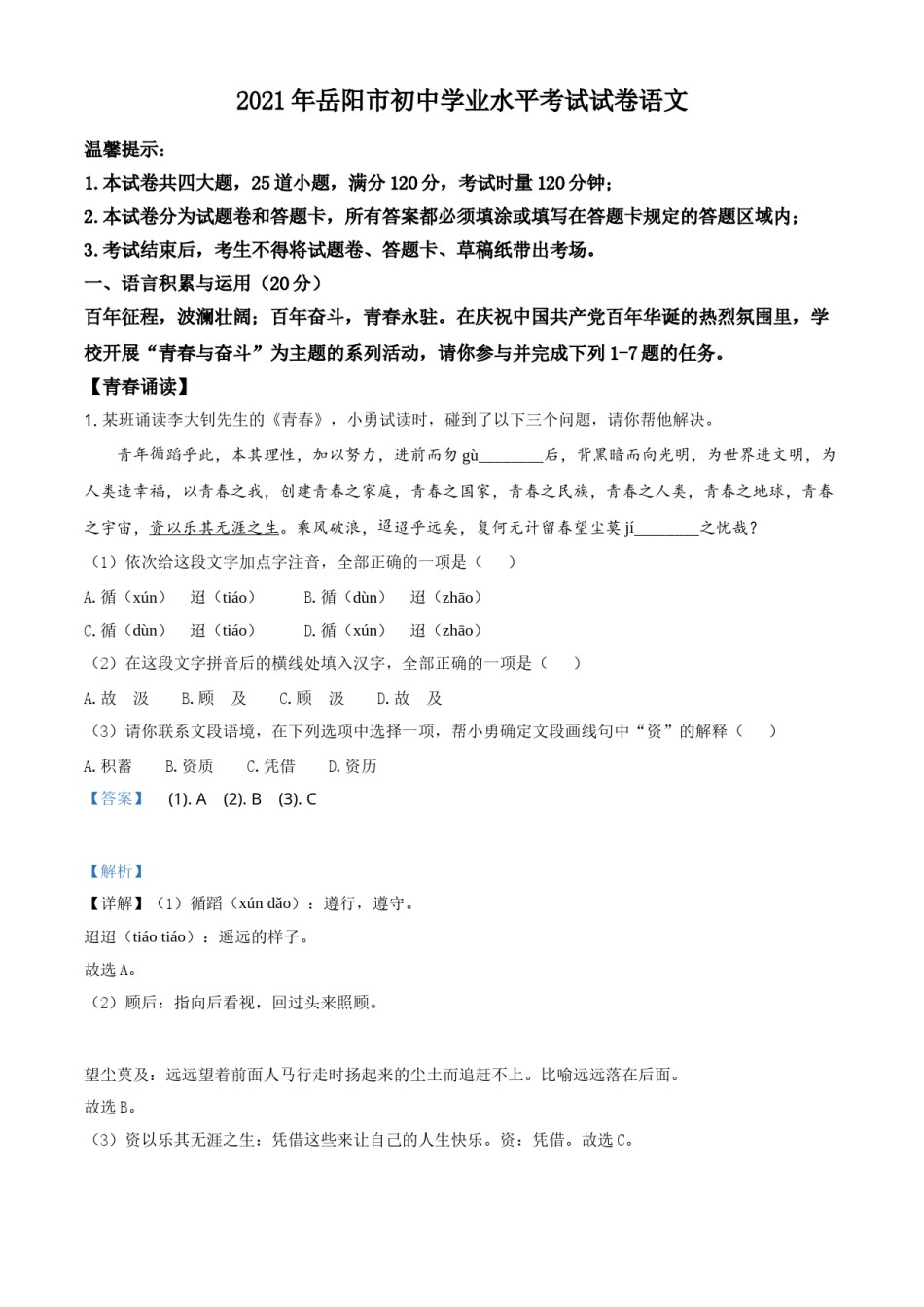 湖南省岳阳市2021年中考语文试题（解析版）.doc_第1页