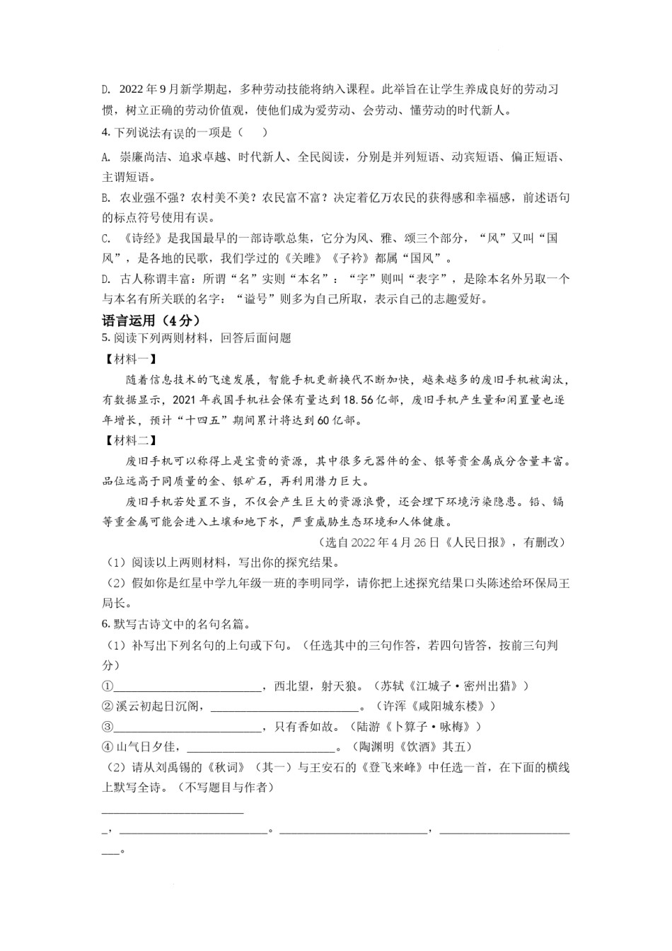 精品解析：2022年四川省达州市中考语文真题（原卷版）.docx_第2页