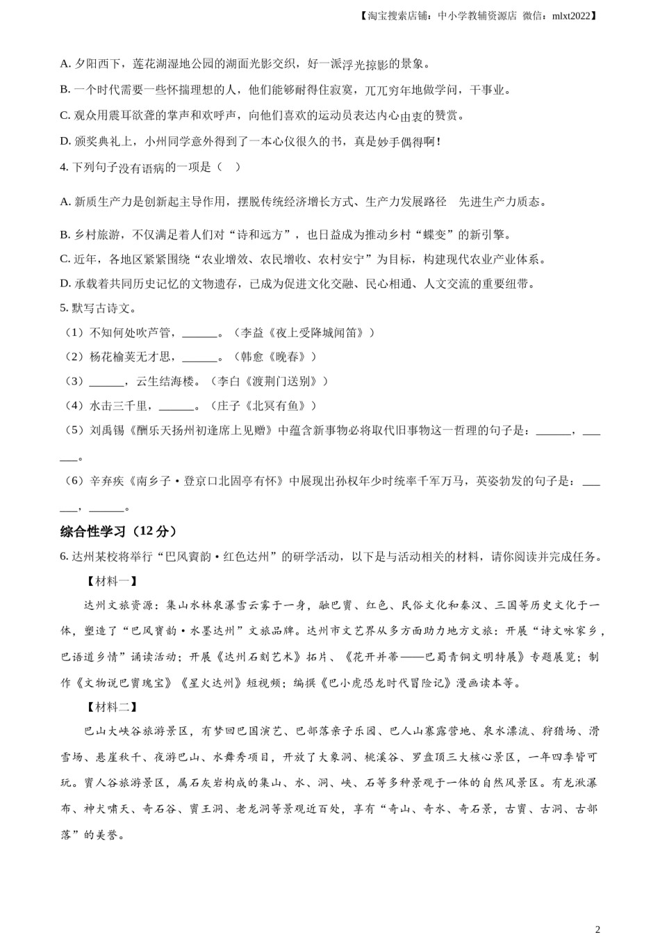 精品解析：2024年四川省达州市中考语文真题（原卷版）.docx_第2页