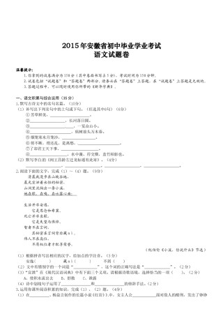 2015年安徽中考语文试题及参考答案.doc
