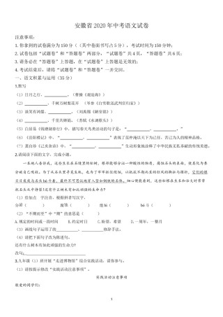 2020年安徽中考语文试题及参考答案.doc