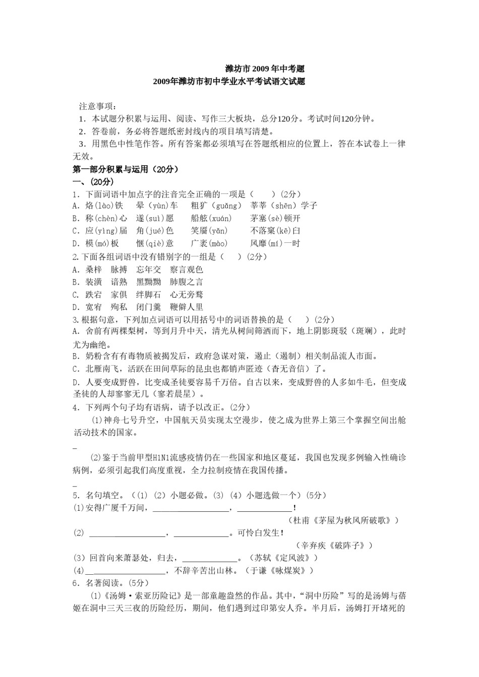 2009年山东省潍坊市中考语文试题及答案.doc_第1页