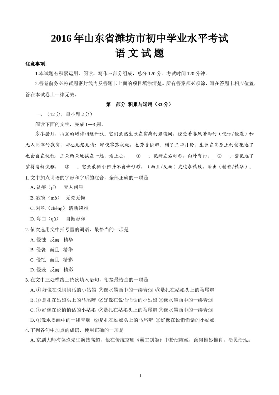2016年山东省潍坊市中考语文试题及答案.doc_第1页