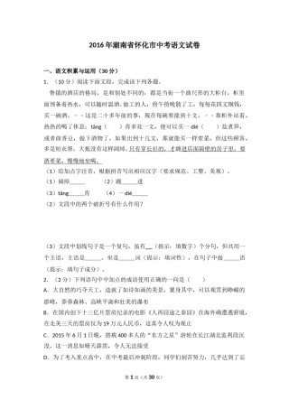 2016年湖南省怀化市中考语文试卷（含解析版）.doc