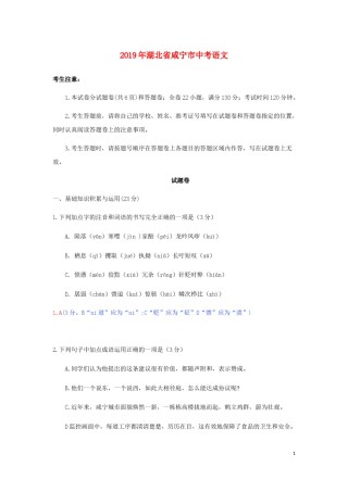 湖北省咸宁市2019年中考语文真题试题（含解析）.docx