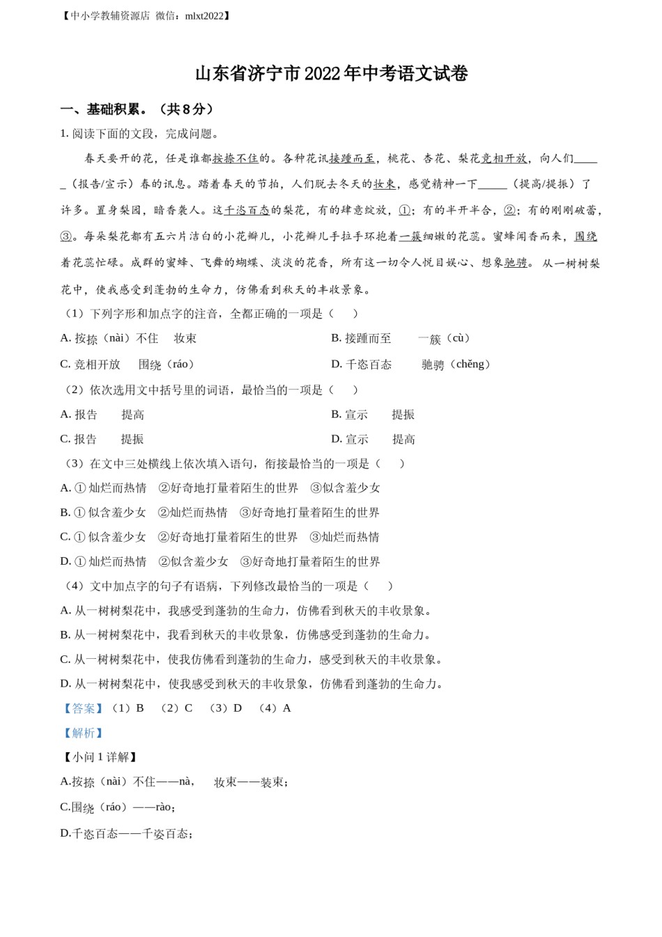 精品解析：2022年山东省济宁市中考语文真题（解析版）.docx_第1页