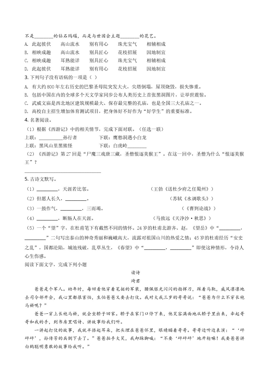 2019年甘肃省武威、白银、定西、平凉、酒泉、临夏州、张掖、陇南中考语文试题（原卷版）.docx_第2页