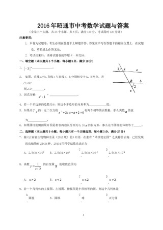2016年昭通市中考数学试题与答案.doc