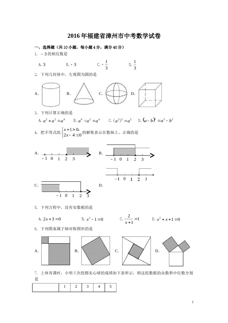 2016年福建省漳州市中考数学试卷（含解析版）.doc_第1页