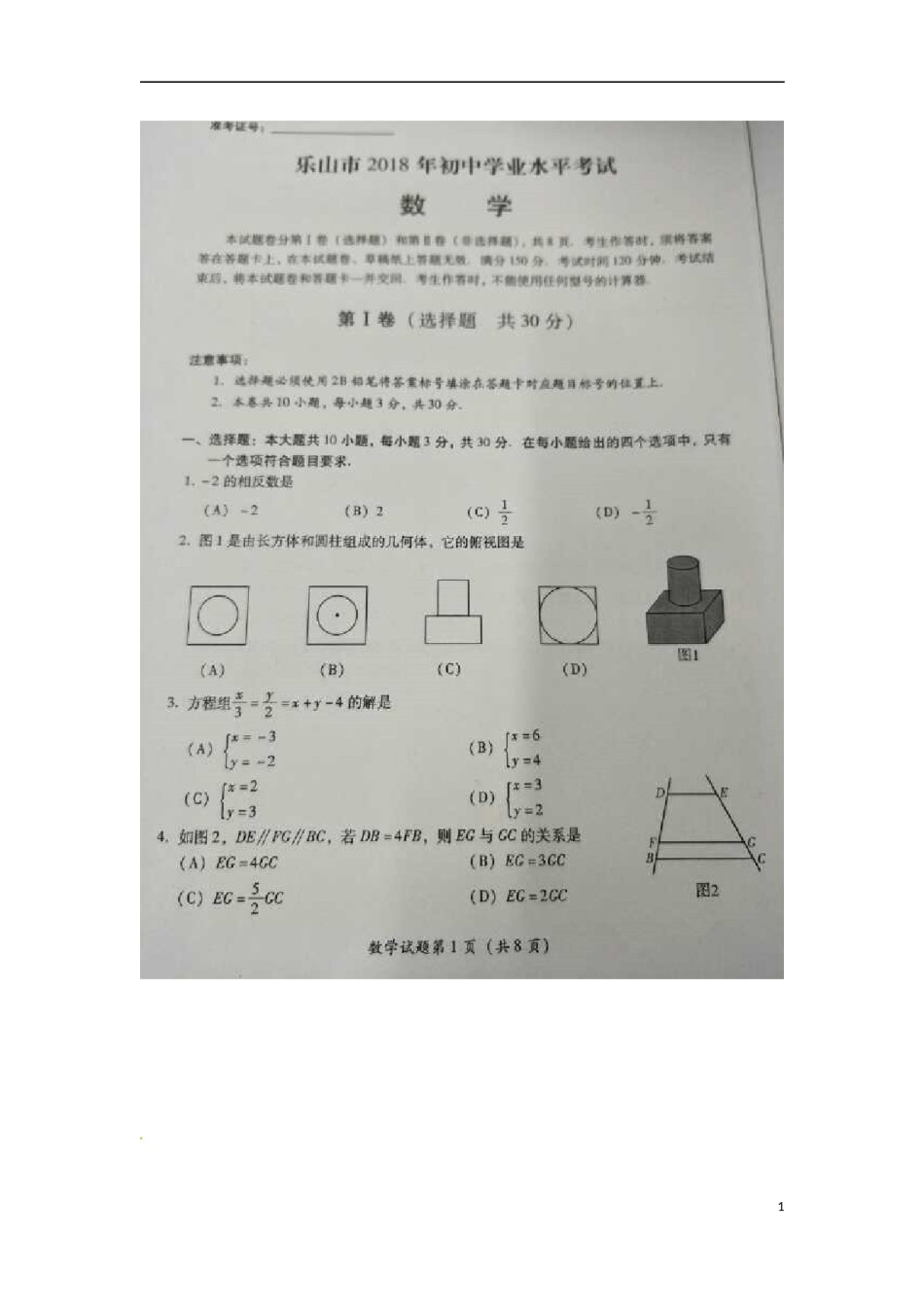 四川省乐山市2018年中考数学真题试题（扫描版，含答案）.doc_第1页