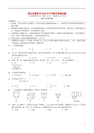 湖北省襄阳市2018年中考数学真题试题（含扫描答案）.doc