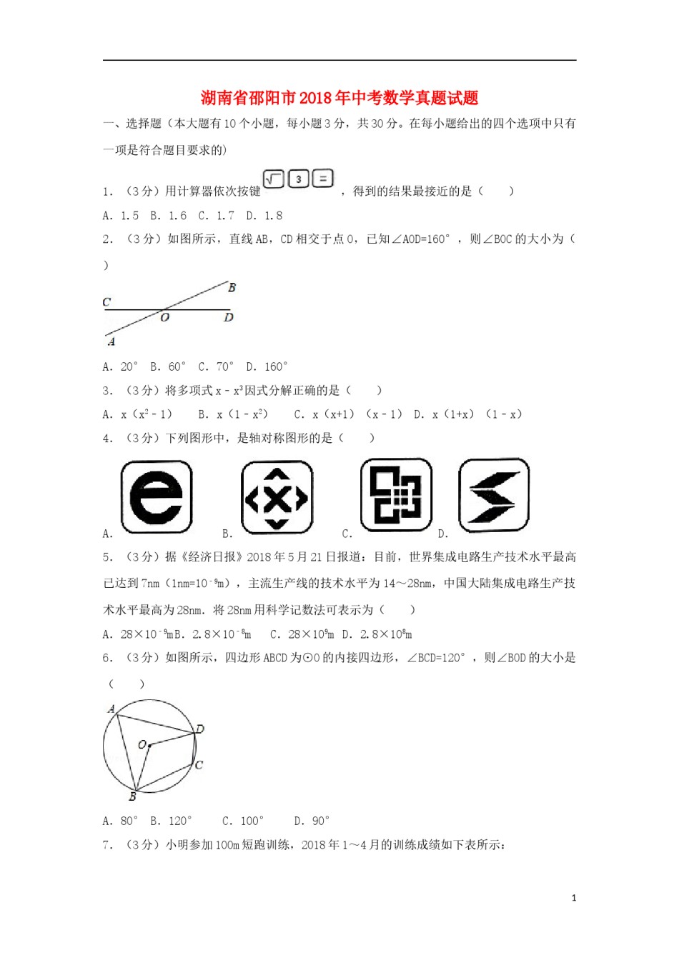 湖南省邵阳市2018年中考数学真题试题（含解析）.doc_第1页