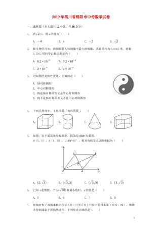 四川省绵阳市2019年中考数学真题试题（含解析）.docx