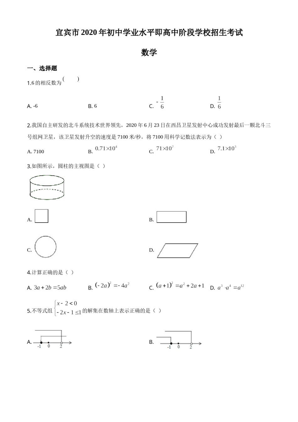 精品解析：四川省宜宾市2020年中考数学试题（原卷版）.doc_第1页