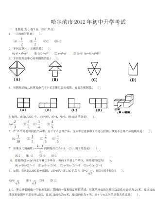 2012年哈尔滨市中考数学试题及答案.doc