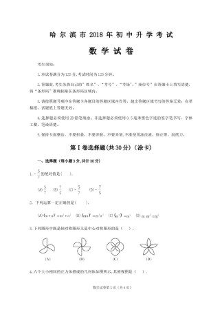 2018年哈尔滨市中考数学试题及答案.doc
