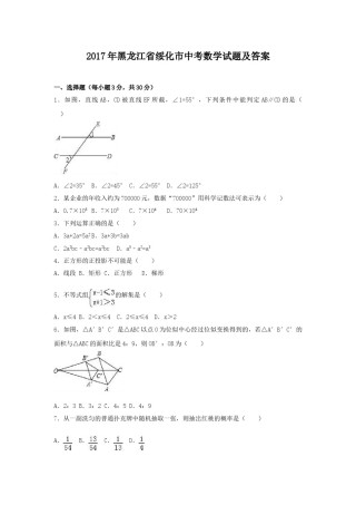 2017年黑龙江省绥化市中考数学试题及答案.doc