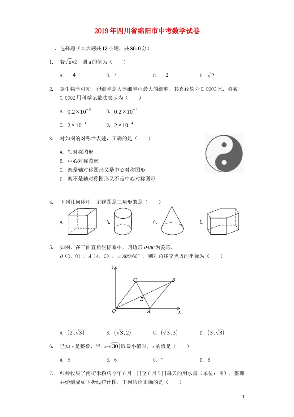 四川省绵阳市2019年中考数学真题试题（含解析）.docx_第1页