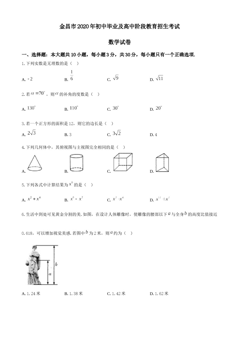 甘肃省金昌市2020年中考数学试题.docx_第1页