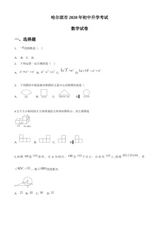 黑龙江省哈尔滨市2020年中考数学试题（word版，无答案）.docx