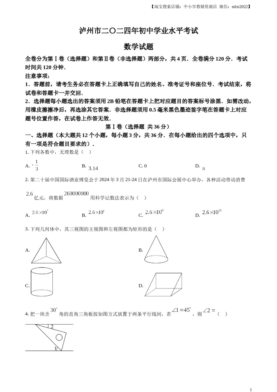 精品解析：2024年四川省泸州市中考数学试题（原卷版）.docx_第1页