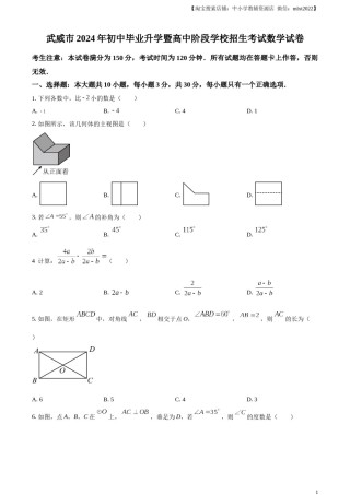 精品解析：2024年甘肃省武威市中考数学试题（原卷版）.docx