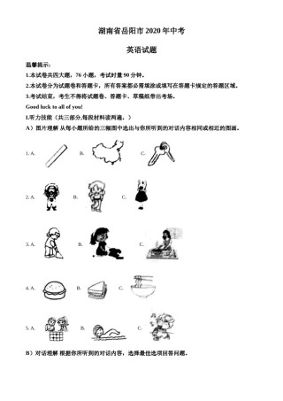 精品解析：湖南省岳阳市2020年中考英语试题（原卷版）.doc