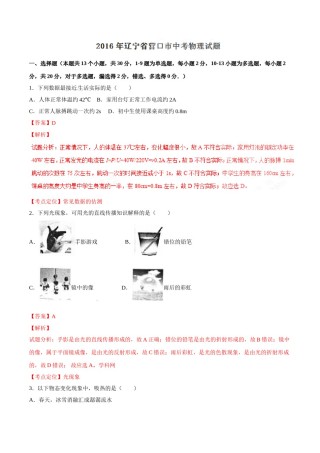 2016年中考真题精品解析 物理（辽宁营口卷）精编word版（解析版）.doc