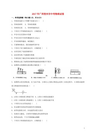 广西贺州市2017年中考物理真题试题（含扫描答案）.DOC