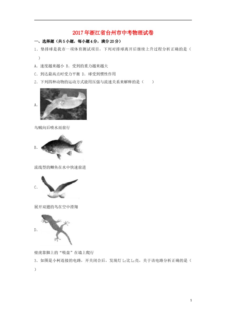 浙江省台州市2017年中考物理真题试题（含解析）.DOC_第1页