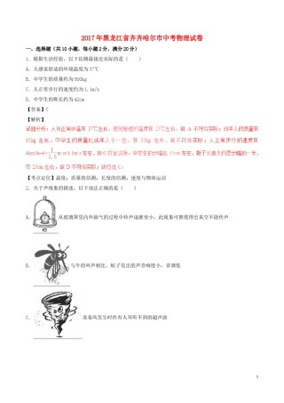 黑龙江省齐齐哈尔市2017年中考物理真题试题（含解析）.DOC