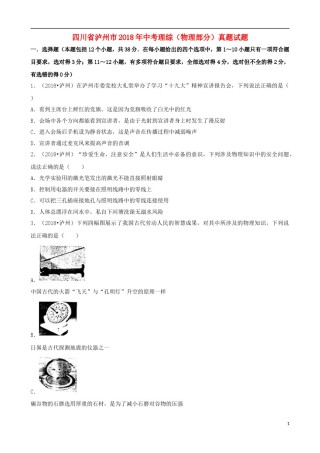四川省泸州市2018年中考理综（物理部分）真题试题（含解析）.doc