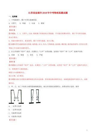 江苏省盐城市2018年中考物理真题试题（含解析）.doc