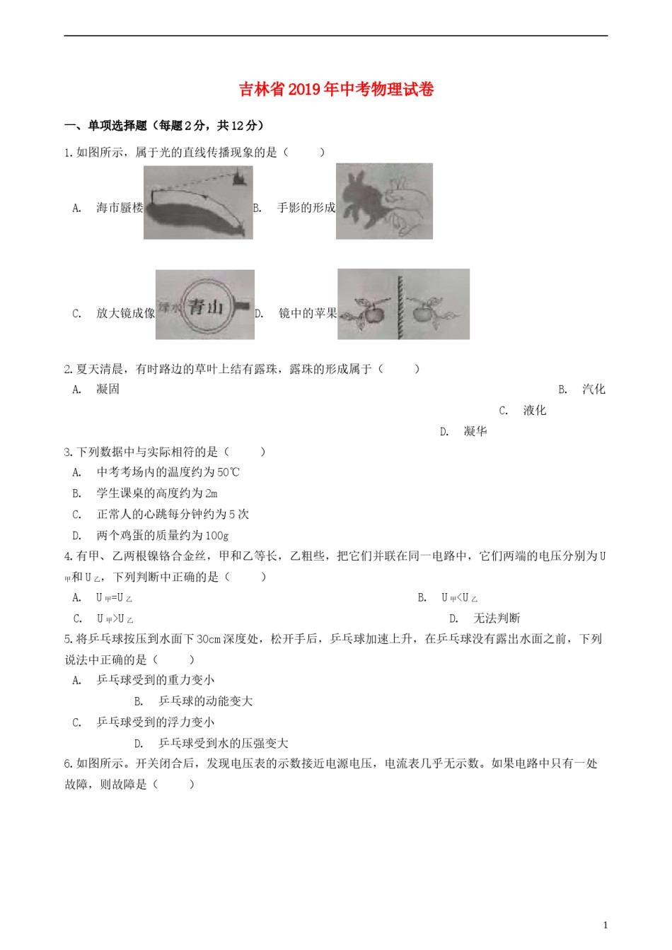 吉林省2019年中考物理真题试题（含解析）.docx_第1页