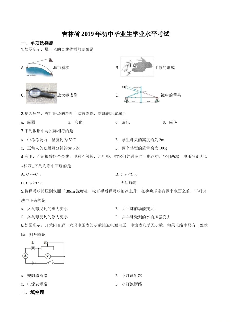精品解析：2019年吉林省中考物理试题（原卷版）.doc_第1页