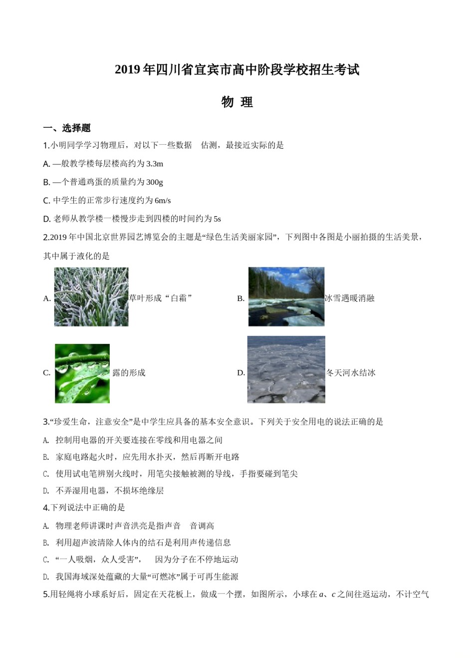 精品解析：2019年四川省宜宾市中考物理试题（原卷版）.doc_第1页