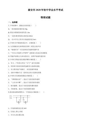 精品解析：2020年山东省泰安市中考物理试题（原卷版）.doc