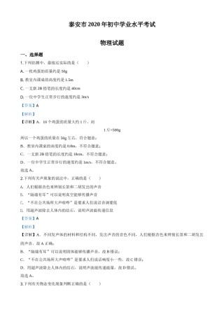 精品解析：2020年山东省泰安市中考物理试题（解析版）.doc