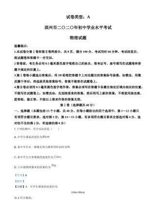 精品解析：2020年山东省滨州市中考物理试题（解析版）.doc